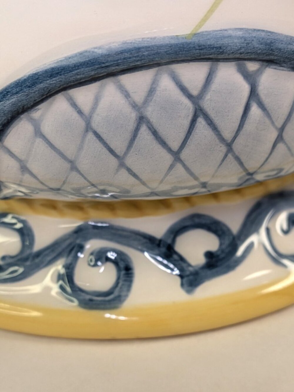Large French Provincial Footed Cachepot | Raised Blue Relief & Rope Rim - Picture 7 of 16